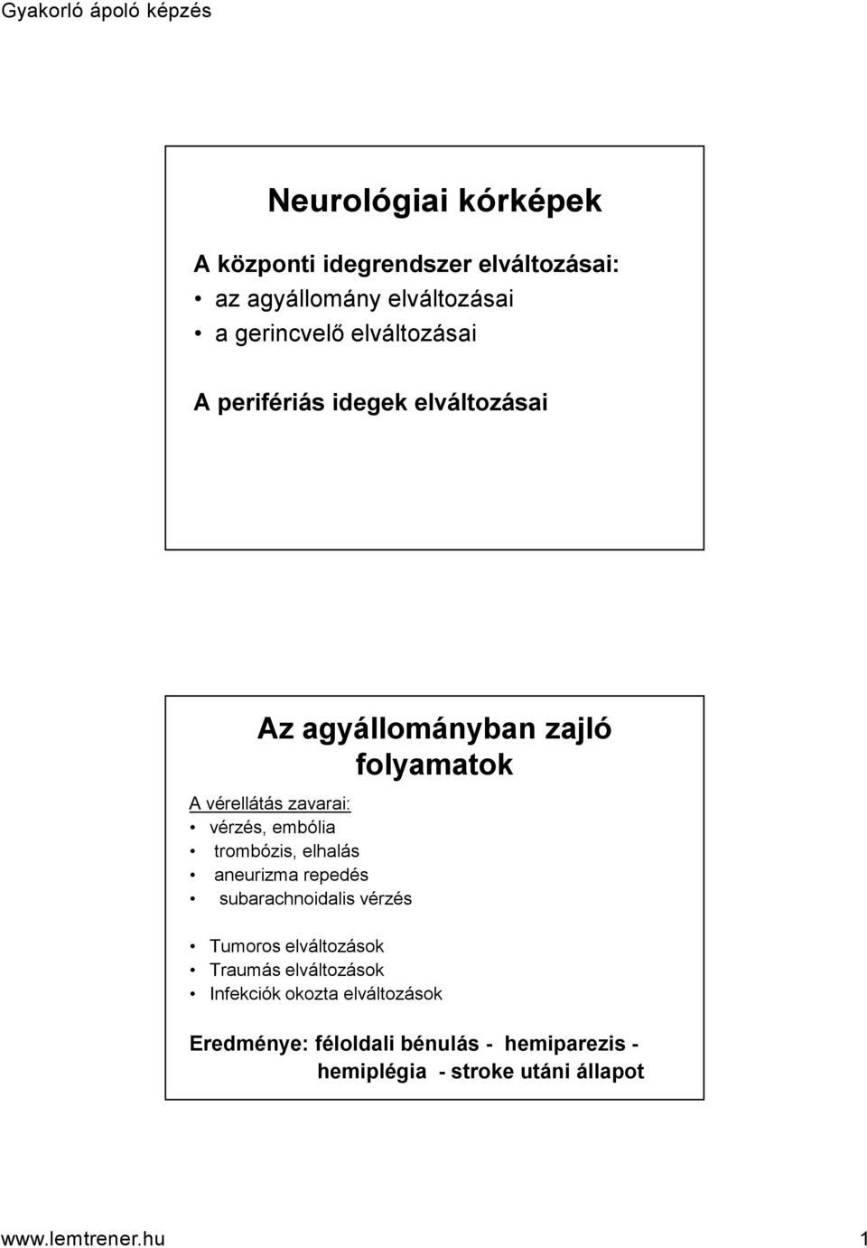 trombózis, elhalás aneurizma repedés subarachnoidalis vérzés Tumoros elváltozások Traumás elváltozások Infekciók