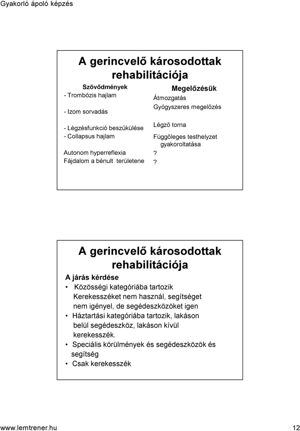 ? A gerincvelő károsodottak rehabilitációja A járás kérdése Közösségi kategóriába tartozik Kerekesszéket nem használ, segítséget nem igényel, de