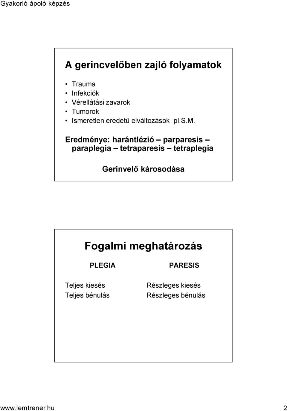 paraplegia tetraparesis tetraplegia Gerinvelő károsodása Fogalmi meghatározás