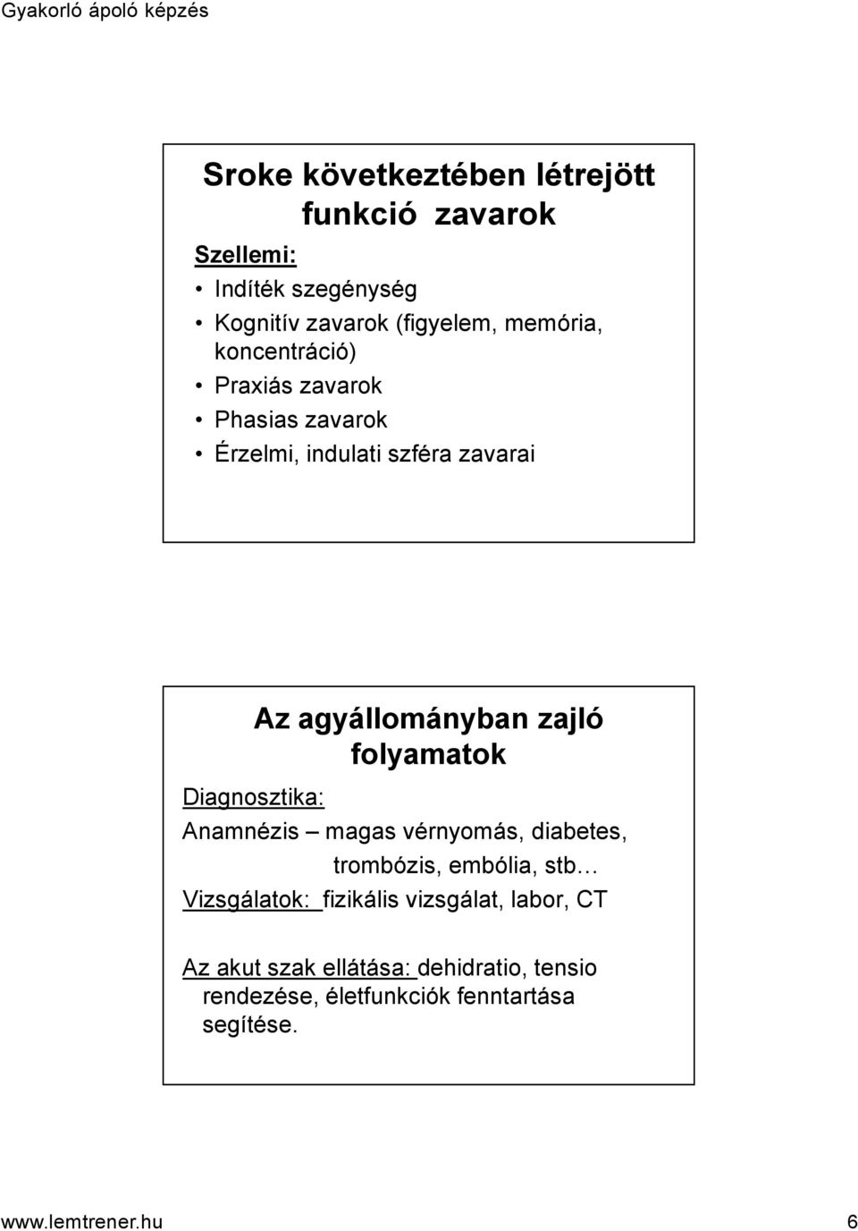 zajló folyamatok Anamnézis magas vérnyomás, diabetes, trombózis, embólia, stb Vizsgálatok: fizikális vizsgálat,