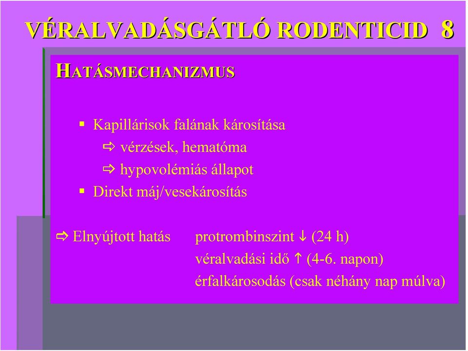 Direkt máj/vesekárosítás Elnyújtott hatás protrombinszint (24