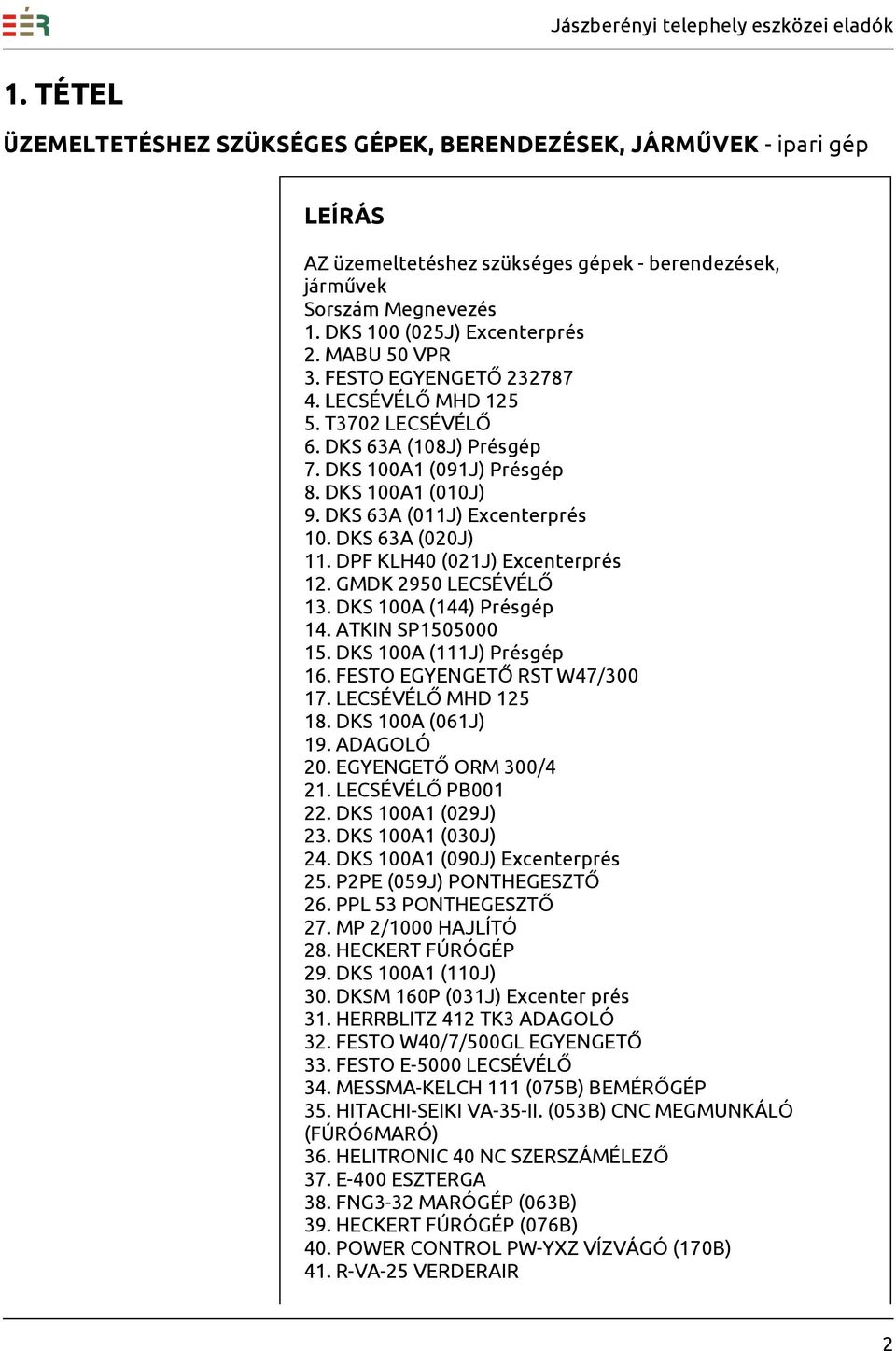 DKS 63A (020J) 11. DPF KLH40 (021J) Excenterprés 12. GMDK 2950 LECSÉVÉLŐ 13. DKS 100A (144) Présgép 14. ATKIN SP1505000 15. DKS 100A (111J) Présgép 16. FESTO EGYENGETŐ RST W47/300 17.