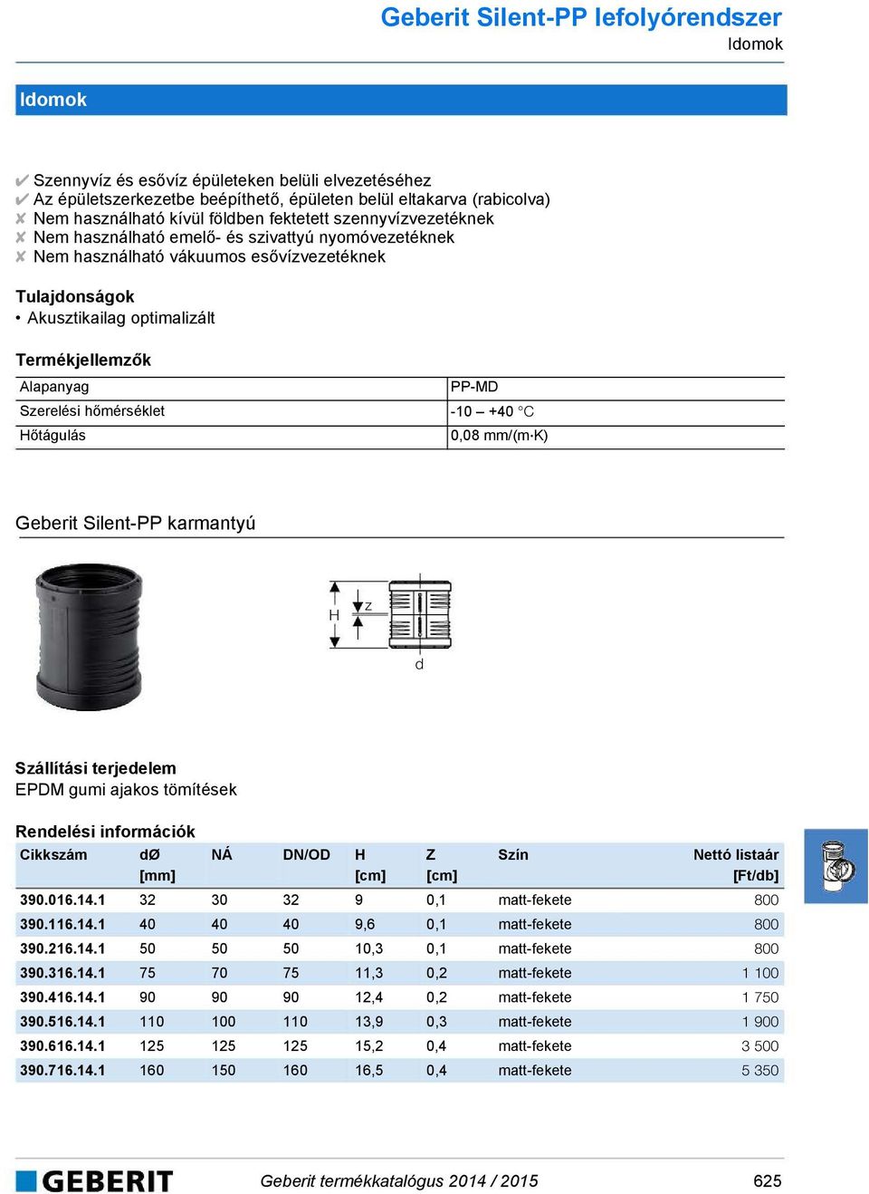 PP-MD Szerelési hőmérséklet -10 +40 C őtágulás 0,08 mm/(m K) Geberit Silent-PP karmantyú z Szállítási terjeelem EPDM gumi ajakos tömítések Cikkszám Ø DN/OD 390.016.14.