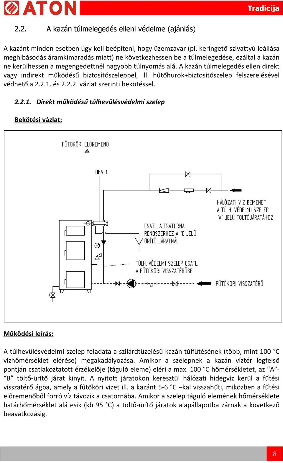A kazán túlmelegedés ellen direkt vagy indirekt működésű biztosítószeleppel, ill. hűtőhurok+biztosítószelep felszerelésével védhető a 2.2.1.