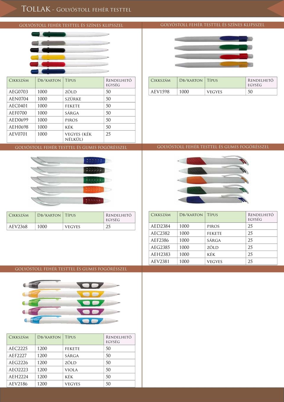 Golyóstoll fehér testtel és gumis fogórésszel aev2368 1000 vegyes 25 Golyóstoll fehér testtel és gumis fogórésszel aed2384 1000 piros 25 aec2382 1000 fekete 25 aef2386 1000 sárga 25