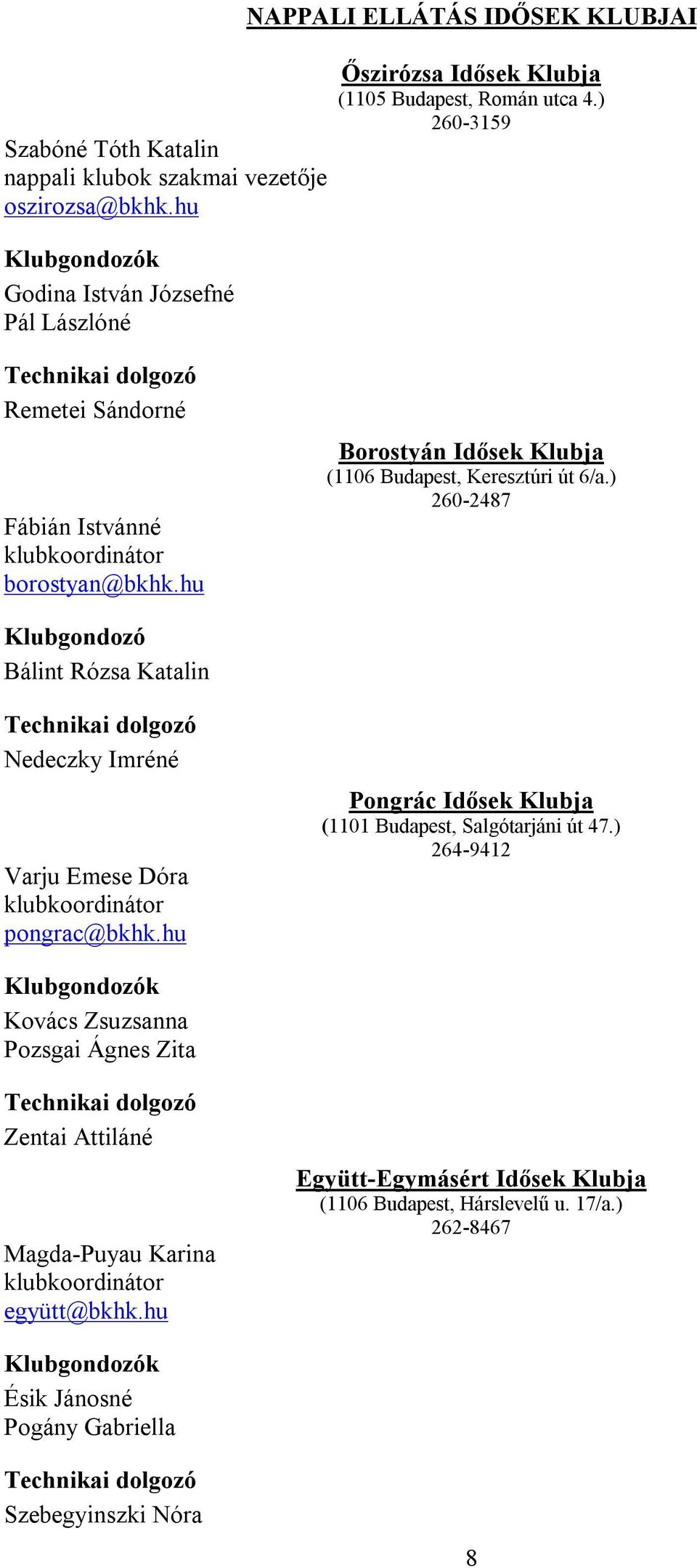 ) 260-3159 Technikai dolgozó Remetei Sándorné Fábián Istvánné klubkoordinátor borostyan@bkhk.hu Borostyán Idősek Klubja (1106 Budapest, Keresztúri út 6/a.