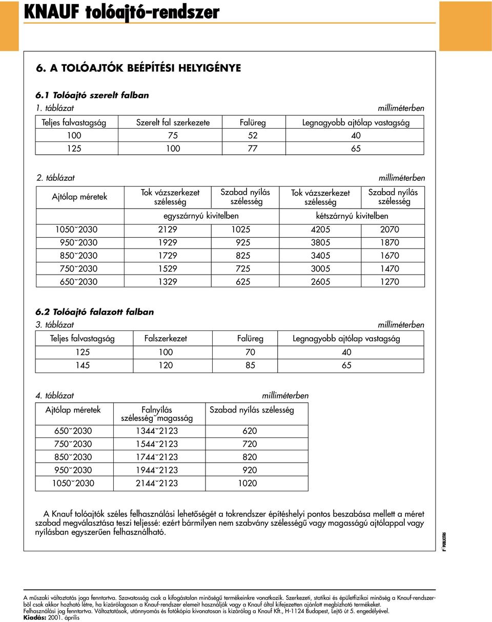 táblázat milliméterben Ajtólap méretek Tok vázszerkezet szélesség egyszárnyú kivitelben Szabad nyílás szélesség Tok vázszerkezet szélesség kétszárnyú kivitelben Szabad nyílás szélesség 1050 2030 2129