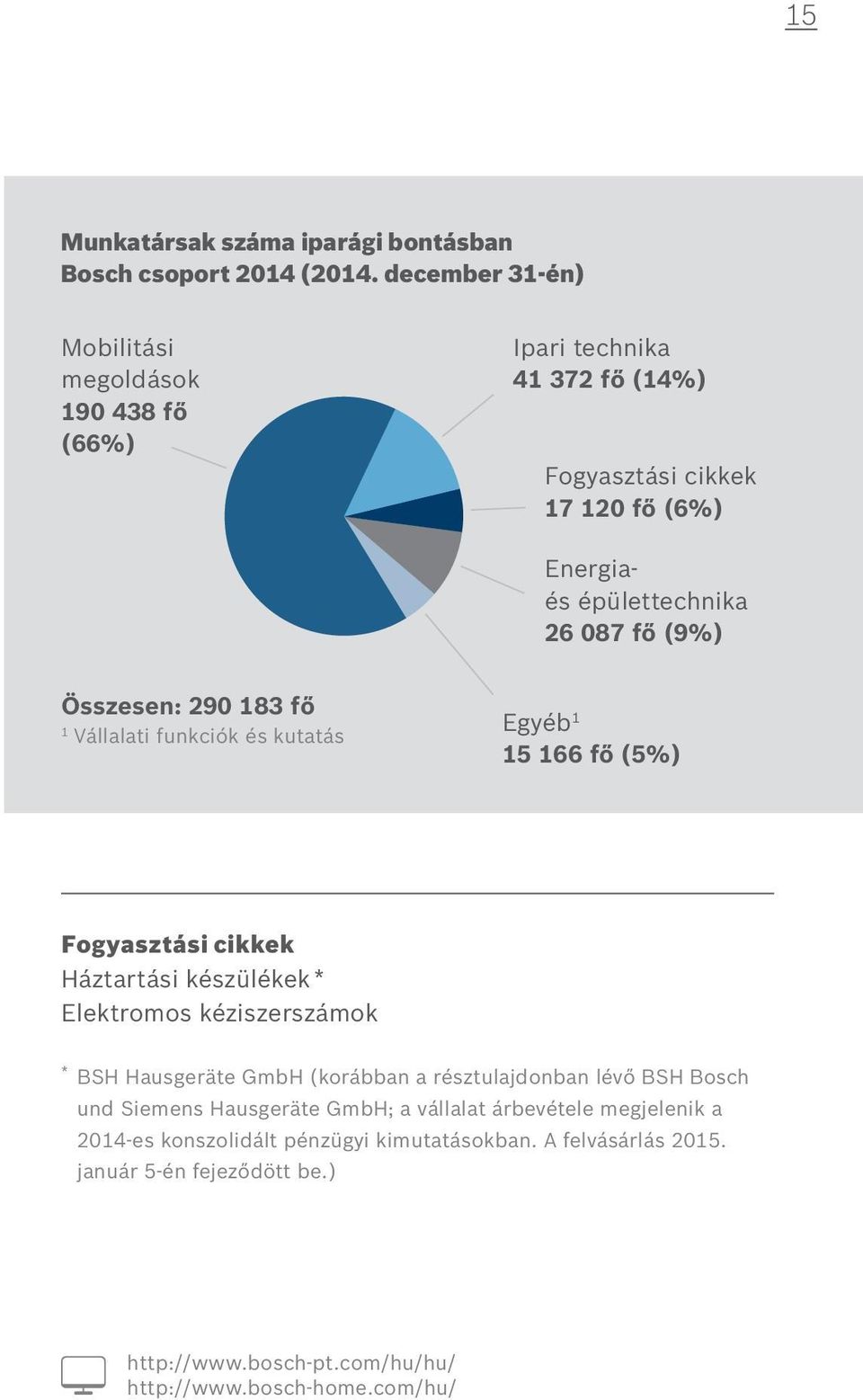 Összesen: 290 183 fő 1 Vállalati funkciók és kutatás Egyéb 1 15 166 fő (5%) Fogyasztási cikkek Háztartási készülékek * Elektromos kéziszerszámok * BSH Hausgeräte