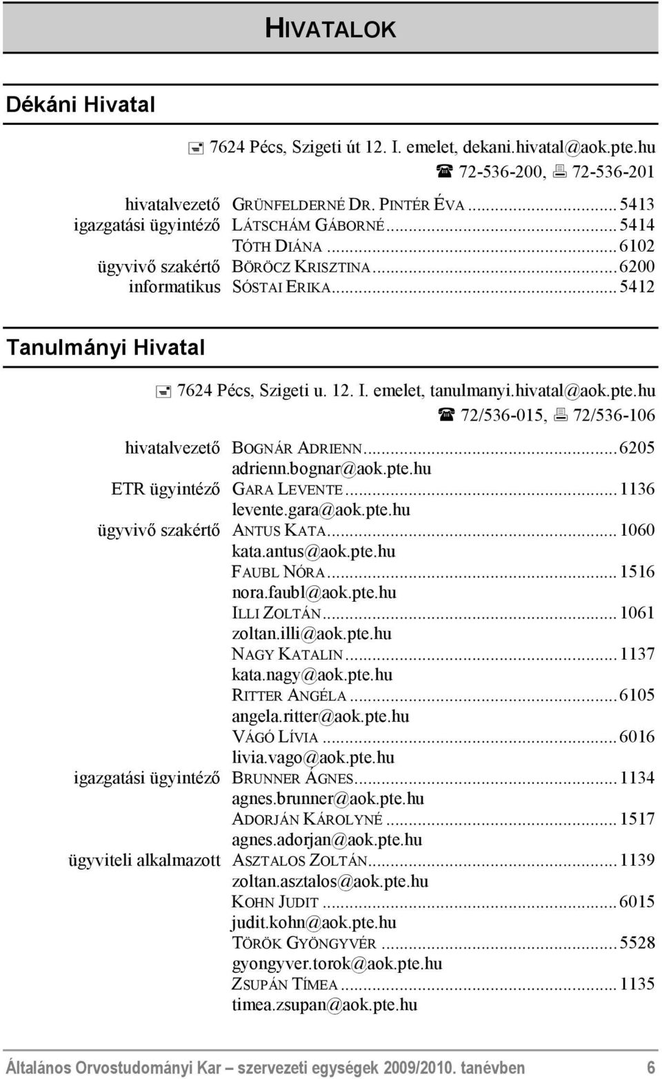 hu 72/536-015, 72/536-106 hivatalvezető BOGNÁR ADRIENN...6205 adrienn.bognar@aok.pte.hu ETR ügyintéző GARA LEVENTE...1136 levente.gara@aok.pte.hu ügyvivő szakértő ANTUS KATA...1060 kata.antus@aok.pte.hu FAUBL NÓRA.