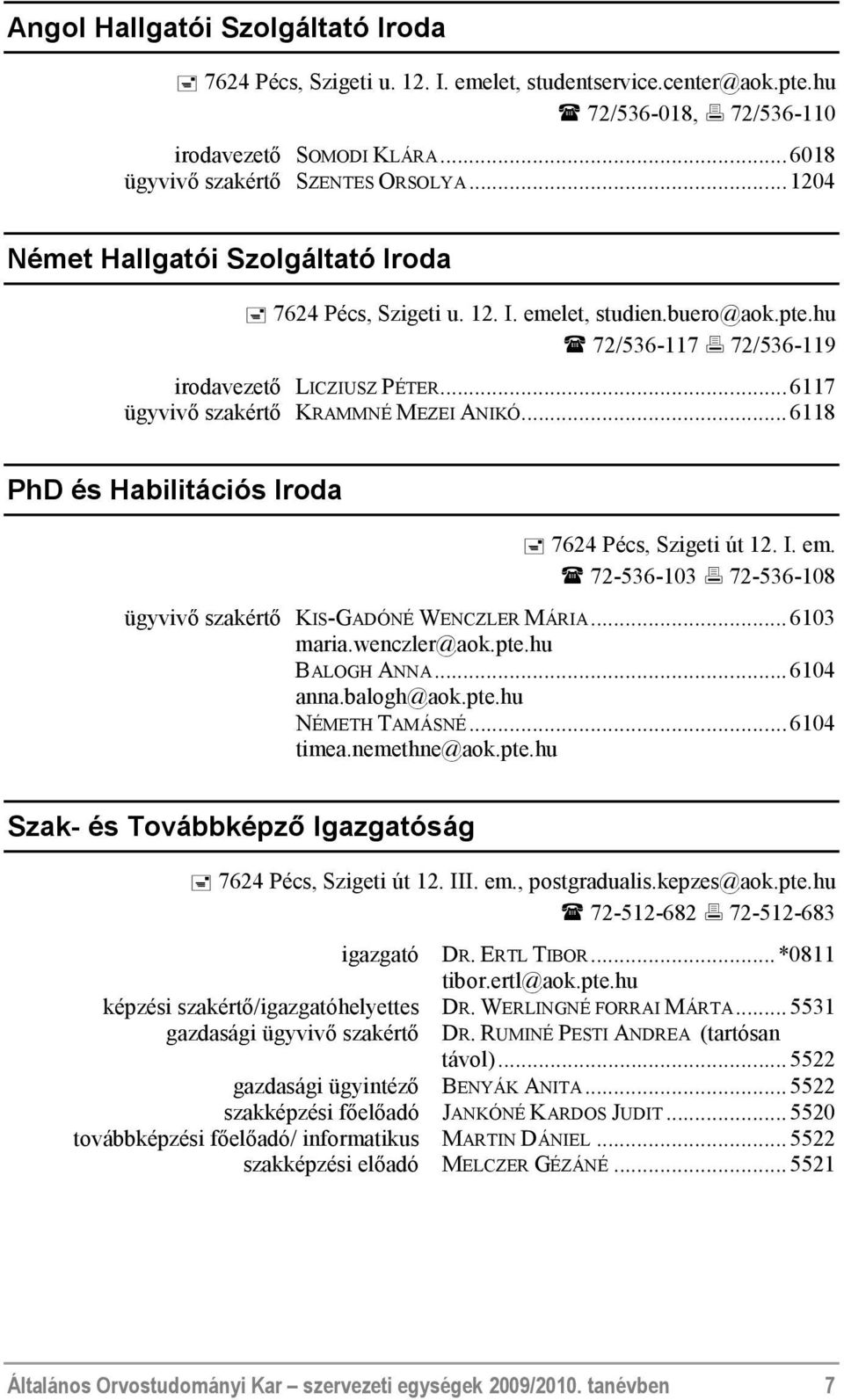 ..6118 PhD és Habilitációs Iroda 7624 Pécs, Szigeti út 12. I. em. 72-536-103 72-536-108 ügyvivő szakértő KIS-GADÓNÉ WENCZLER MÁRIA...6103 maria.wenczler@aok.pte.hu BALOGH ANNA...6104 anna.balogh@aok.