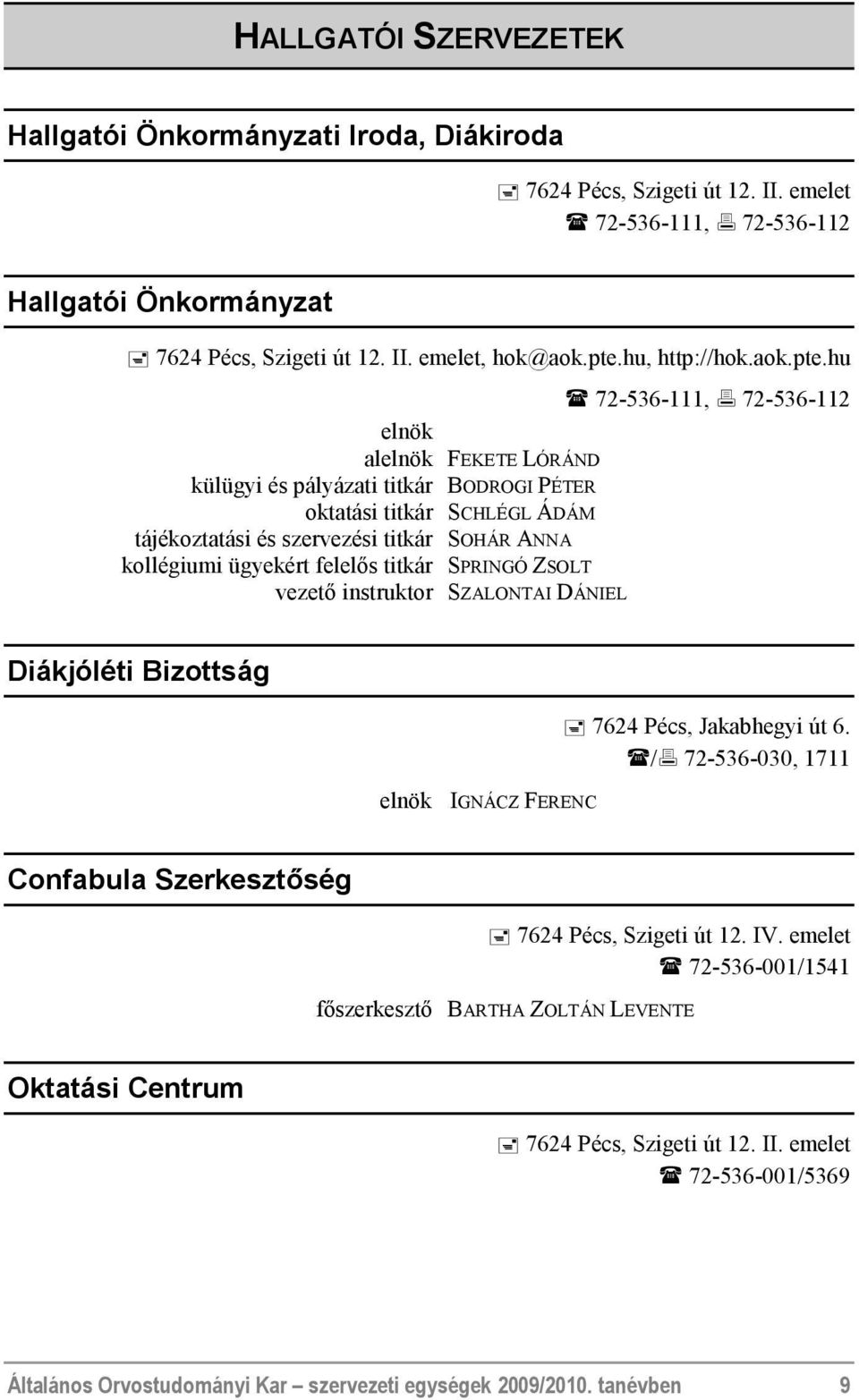 hu 72-536-111, 72-536-112 elnök alelnök FEKETE LÓRÁND külügyi és pályázati titkár BODROGI PÉTER oktatási titkár SCHLÉGL ÁDÁM tájékoztatási és szervezési titkár SOHÁR ANNA kollégiumi ügyekért felelős