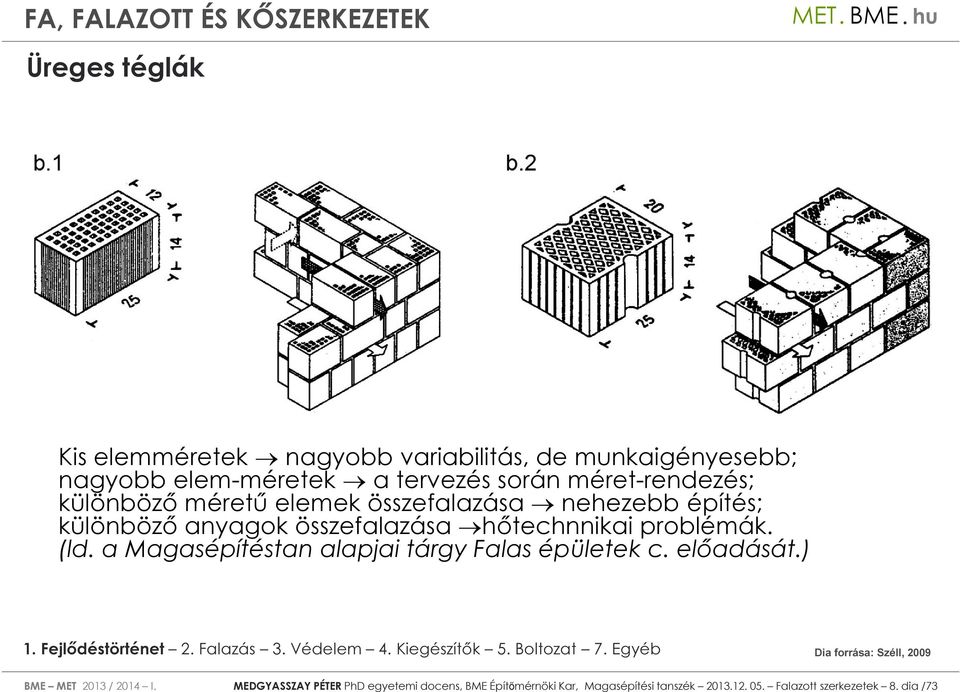 méret-rendezés; különböző méretű elemek összefalazása nehezebb építés; különböző anyagok összefalazása hőtechnnikai problémák.