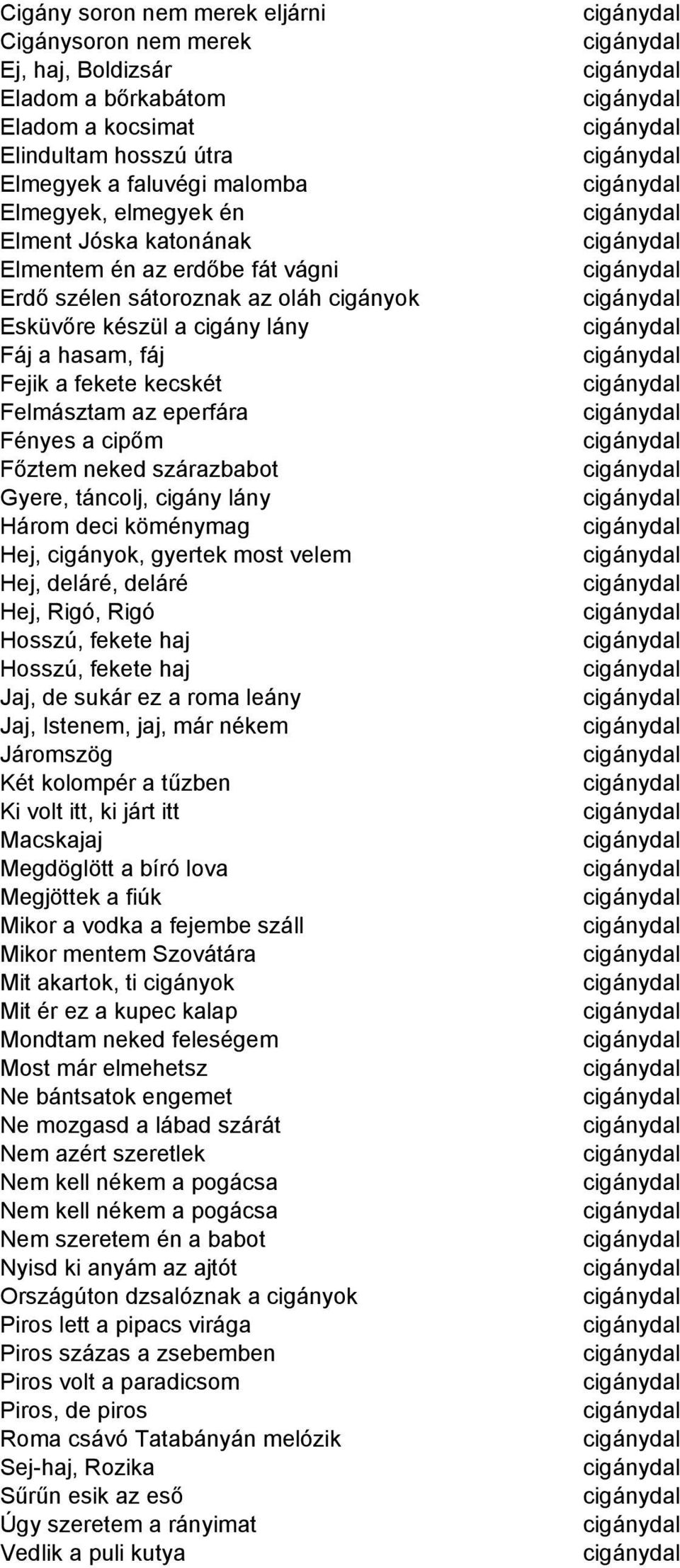 neked szárazbabot Gyere, táncolj, cigány lány Három deci köménymag Hej, cigányok, gyertek most velem Hej, deláré, deláré Hej, Rigó, Rigó Hosszú, fekete haj Hosszú, fekete haj Jaj, de sukár ez a roma