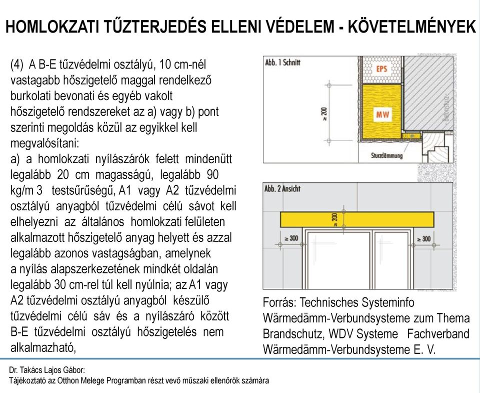 osztályú anyagból tűzvédelmi célú sávot kell elhelyezni az általános homlokzati felületen alkalmazott hőszigetelő anyag helyett és azzal legalább azonos vastagságban, amelynek a nyílás