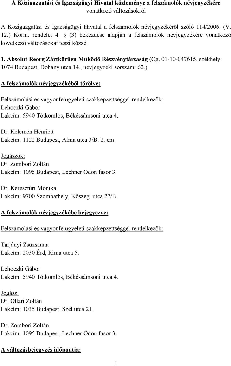 01-10-047615, székhely: 1074 Budapest, Dohány utca 14., névjegyzéki sorszám: 62.