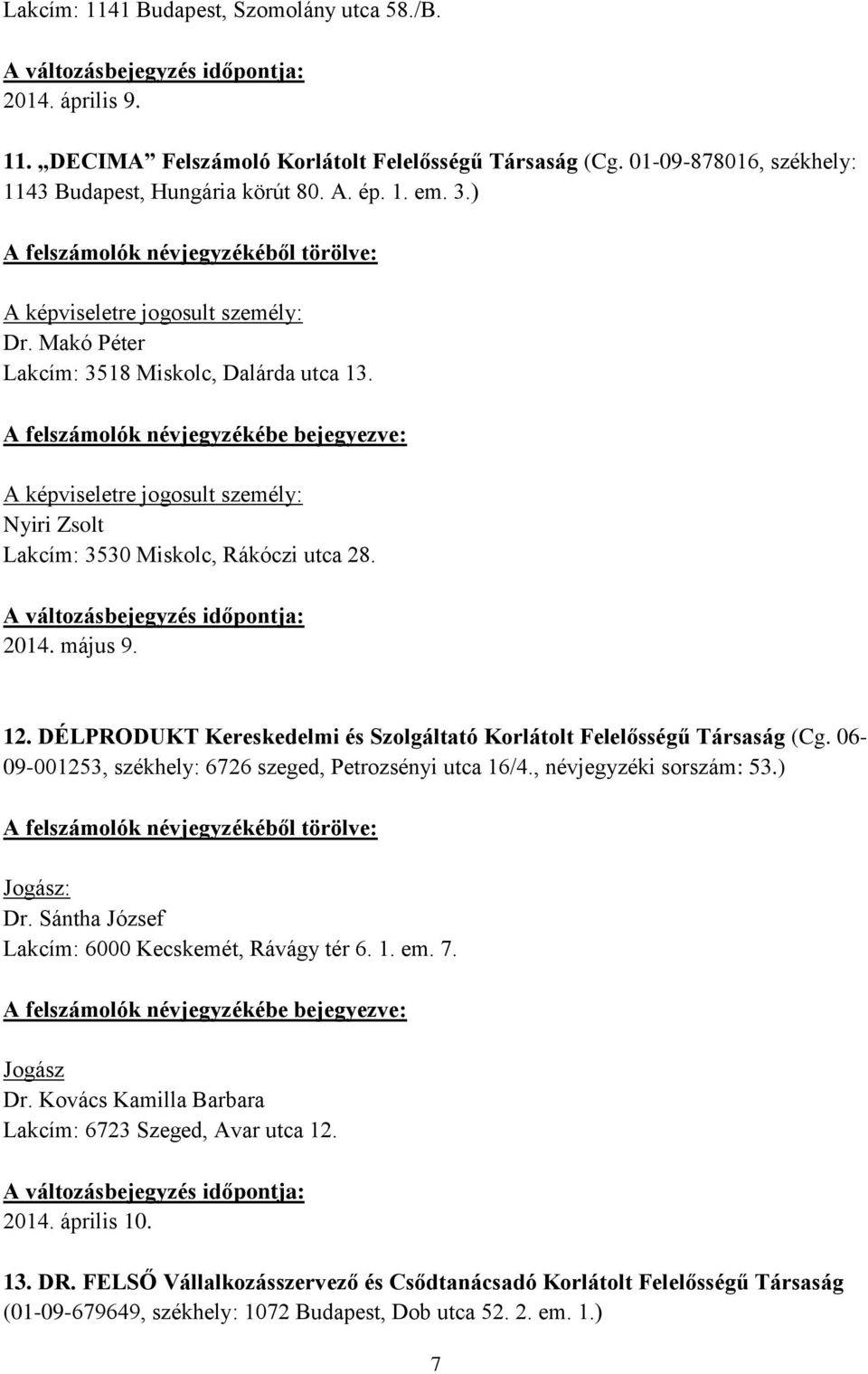 DÉLPRODUKT Kereskedelmi és Szolgáltató Korlátolt Felelősségű Társaság (Cg. 06-09-001253, székhely: 6726 szeged, Petrozsényi utca 16/4., névjegyzéki sorszám: 53.) Jogász: Dr.