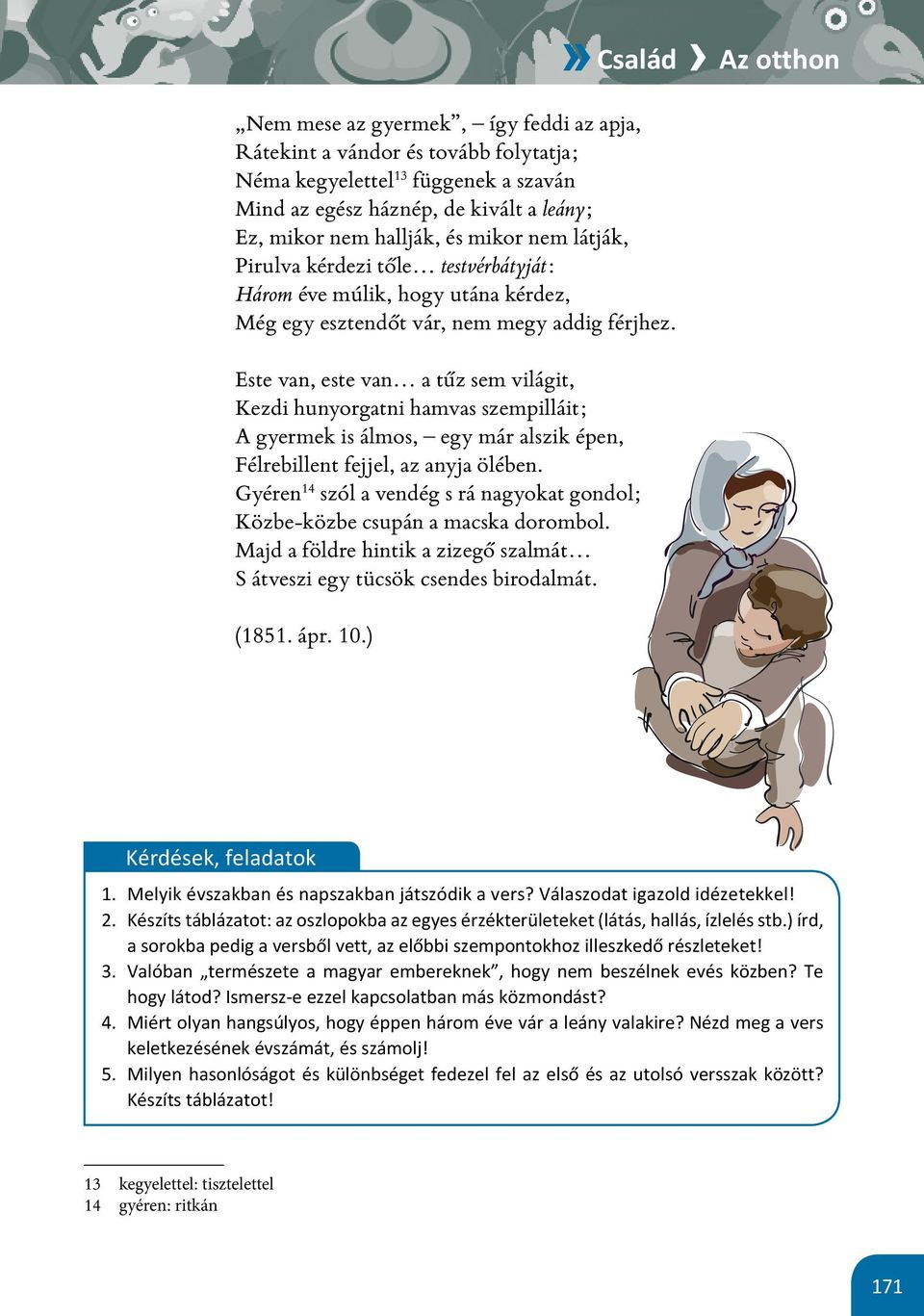 Este van, este van a tűz sem világit, Kezdi hunyorgatni hamvas szempilláit; A gyermek is álmos, egy már alszik épen, Félrebillent fejjel, az anyja ölében.