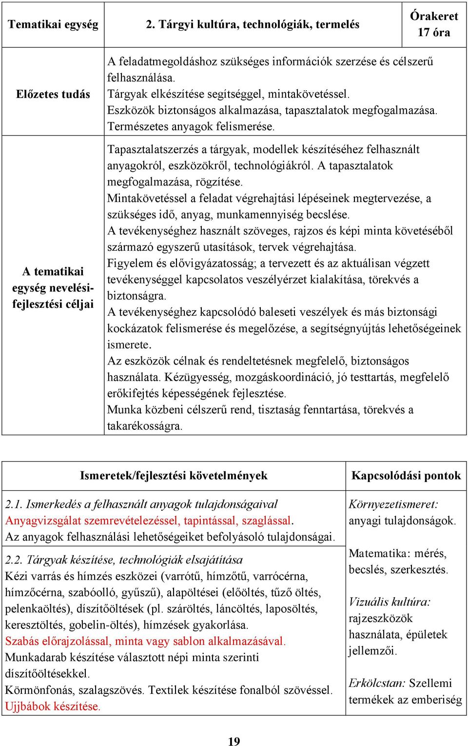 Tapasztalatszerzés a tárgyak, modellek készítéséhez felhasznált anyagokról, eszközökről, technológiákról. A tapasztalatok megfogalmazása, rögzítése.