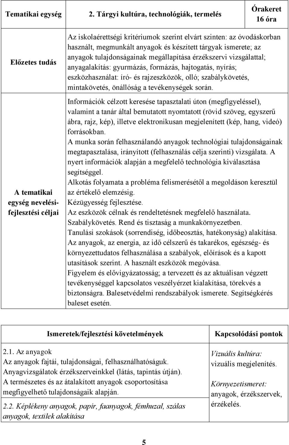 készített tárgyak ismerete; az anyagok tulajdonságainak megállapítása érzékszervi vizsgálattal; anyagalakítás: gyurmázás, formázás, hajtogatás, nyírás; eszközhasználat: író- és rajzeszközök, olló;