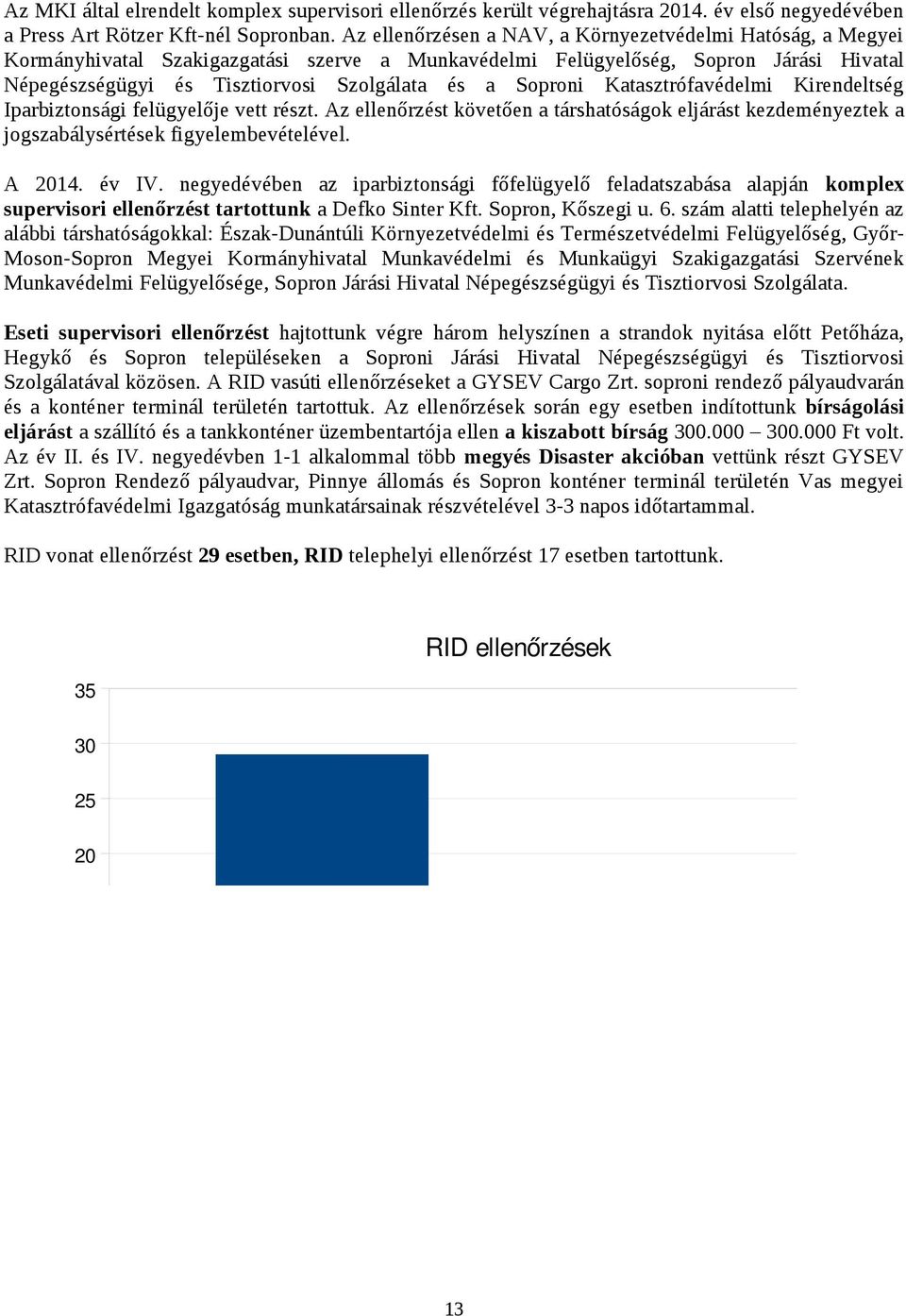 Soproni Katasztrófavédelmi Kirendeltség Iparbiztonsági felügyelője vett részt. Az ellenőrzést követően a társhatóságok eljárást kezdeményeztek a jogszabálysértések figyelembevételével. A 2014. év IV.