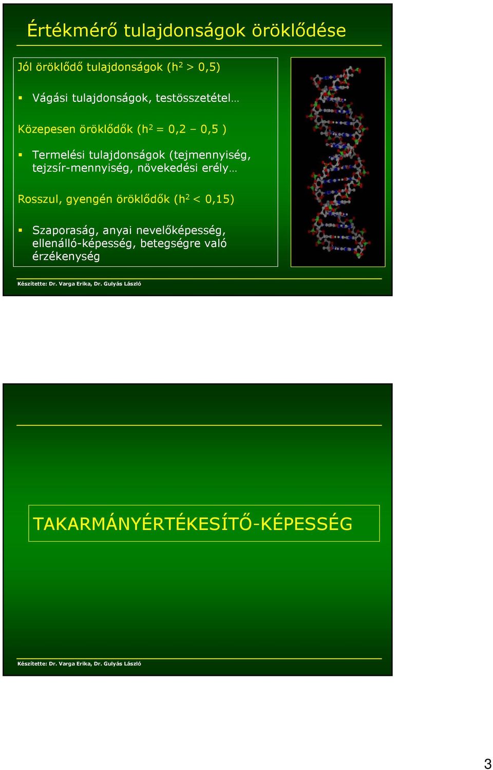 (tejmennyiség, tejzsír-mennyiség, növekedési erély Rosszul, gyengén öröklődők (h 2 < 0,15)