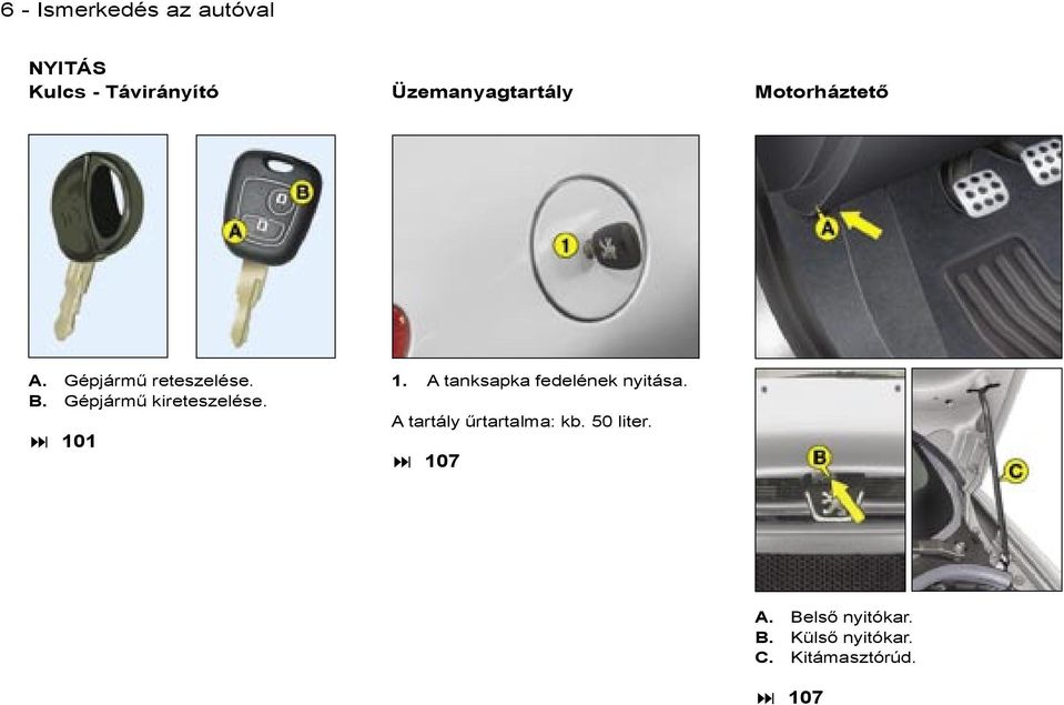 Gépjármű kireteszelése. 101 1. A tanksapka fedelének nyitása.