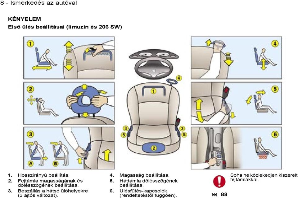 Beszállás a hátsó ülőhelyekre (3 ajtós változat). 4. Magasság beállítása. 5.