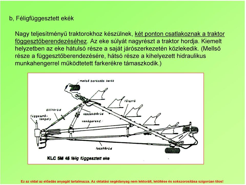 Kiemelt helyzetben az eke hátulsó része a saját járószerkezetén közlekedik.