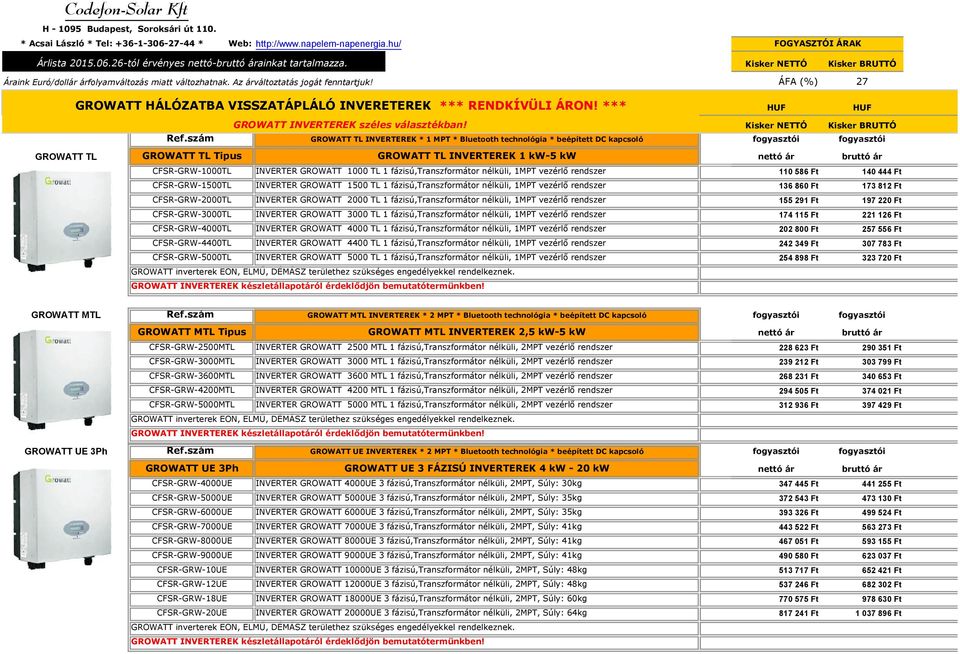 *** GROWATT INVERTEREK széles választékban! Ref.
