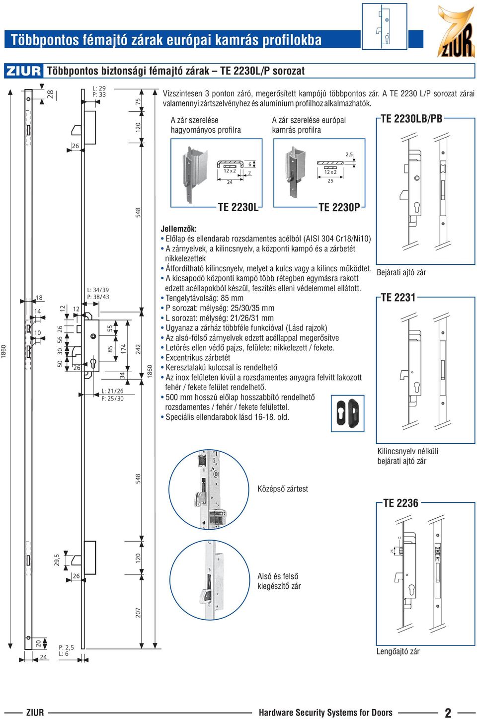 A zár szerelése hagyományos profilra A zár szerelése európai kamrás profilra TE 2230LB/PB TE 2230L TE 2230P Elôlap és ellendarab rozsdamentes acélból (AISI 304 Cr18/Ni10) A zárnyelvek, a