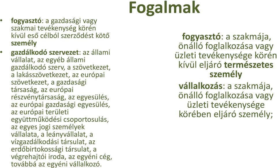 az egyes jogi személyek vállalata, a leányvállalat, a vízgazdálkodási társulat, az erdőbirtokossági társulat, a végrehajtói iroda, az egyéni cég, továbbá az egyéni vállalkozó.