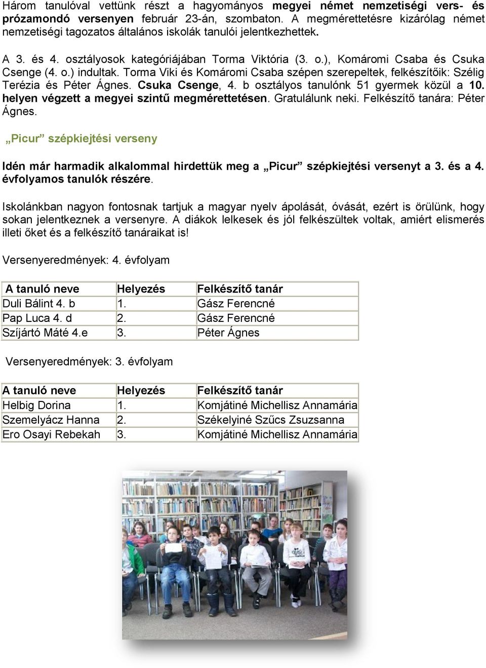 Torma Viki és Komáromi Csaba szépen szerepeltek, felkészítőik: Szélig Terézia és Péter Ágnes. Csuka Csenge, 4. b osztályos tanulónk 51 gyermek közül a 10.