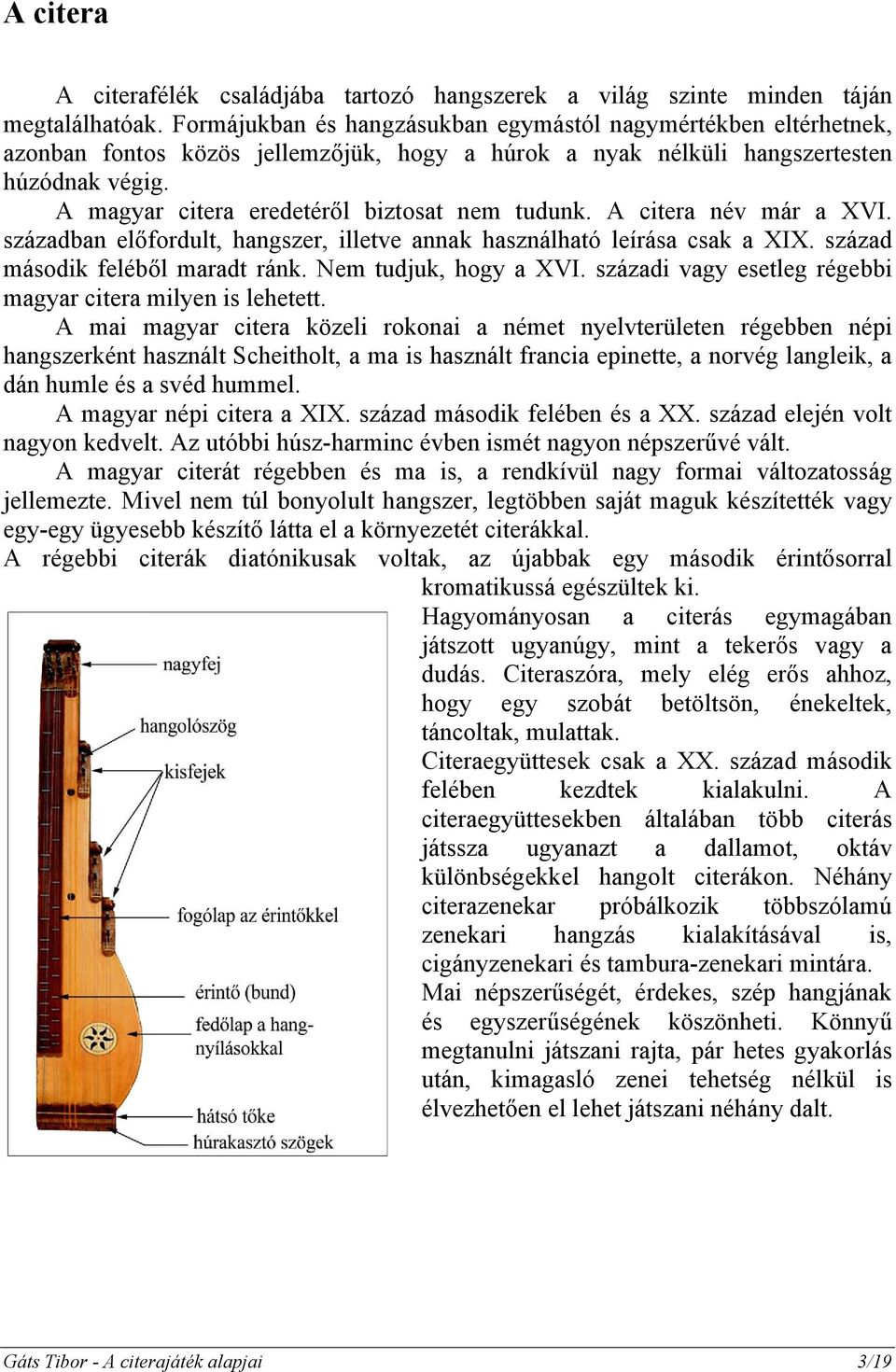 A magyar citera eredetéről biztosat nem tudunk. A citera név már a XVI. században előfordult, hangszer, illetve annak használható leírása csak a XIX. század második feléből maradt ránk.