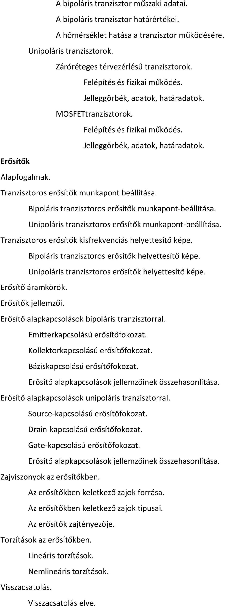 Tranzisztoros erősítők munkapont beállítása. Bipoláris tranzisztoros erősítők munkapont-beállítása. Unipoláris tranzisztoros erősítők munkapont-beállítása.