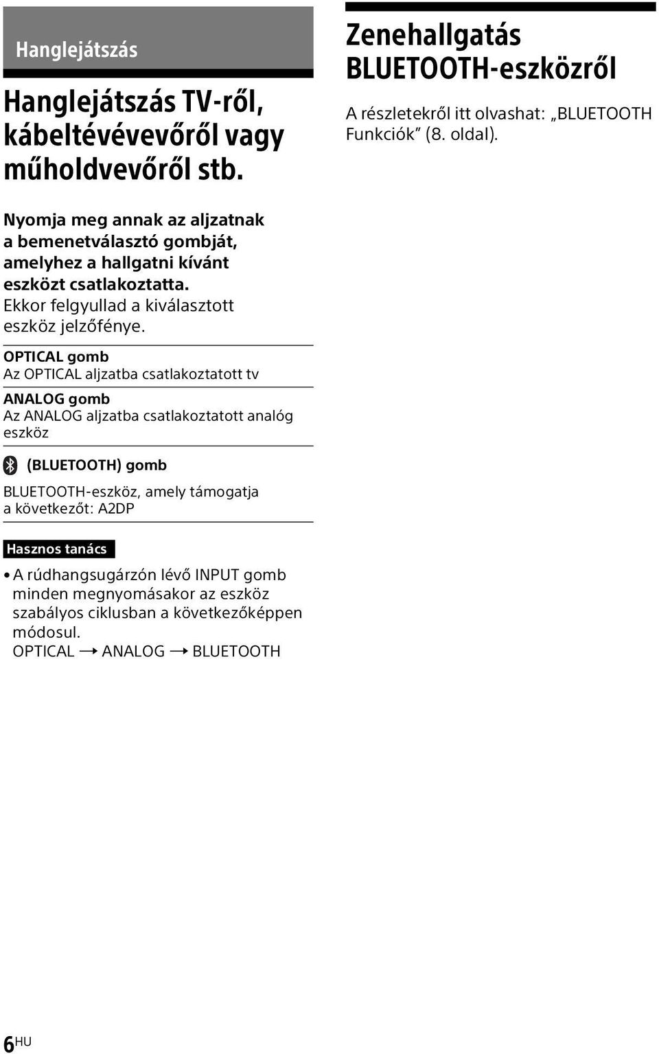 OPTICAL gomb Az OPTICAL aljzatba csatlakoztatott tv ANALOG gomb Az ANALOG aljzatba csatlakoztatott analóg eszköz (BLUETOOTH) gomb BLUETOOTH-eszköz, amely támogatja