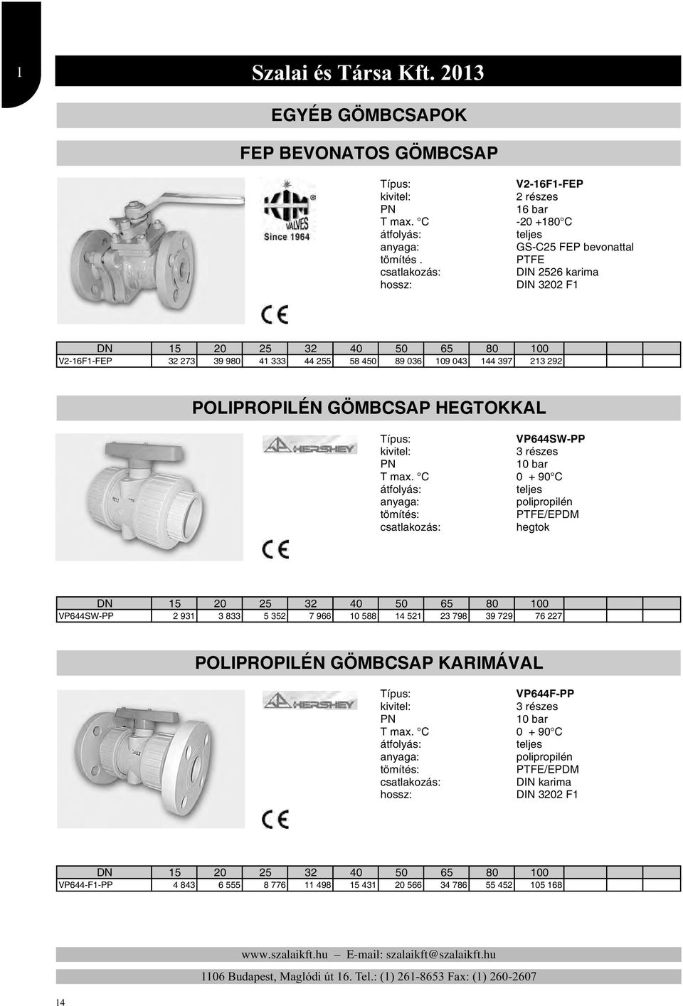 043 144 397 213 292 POLIPROPILÉN GÖMBCSAP HEGTOKKAL VP644SW-PP 3 részes 10 bar T max.