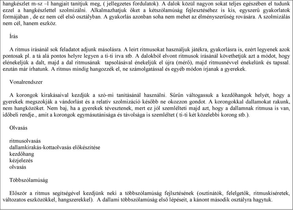 A szolmizálás nem cél, hanem eszköz. Írás A ritmus írásánál sok feladatot adjunk másolásra. A leírt ritmusokat használjuk játékra, gyakorlásra is, ezért legyenek azok pontosak pl.