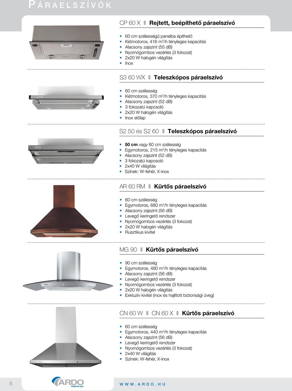 3 fokozatú kapcsoló 2x20 W halogén világítás Inox előlap 50 cm vagy 60 cm szélesség Egymotoros, 215 m 3 /h tényleges kapacitás Alacsony zajszint (52 db) 3 fokozatú kapcsoló 2x40 W világítás Színek: