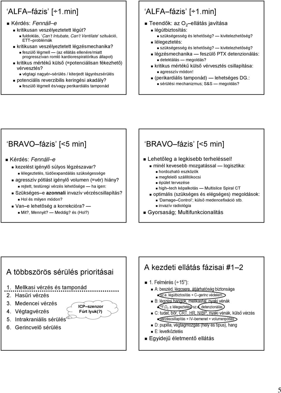 végtagi nagyér sérülés / kiterjedt lágyrészsérülés potenciális reverzibilis keringési akadály? feszülő légmell és/vagy perikardiális tamponád ALFA fázis [ 1.