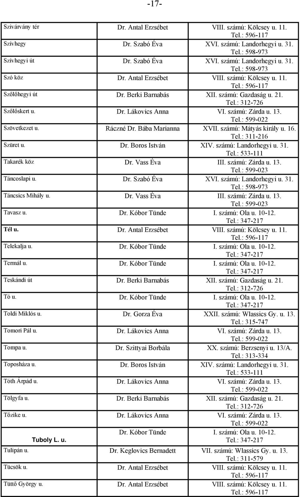 Bába Marianna XVII. számú: Mátyás király u. 16. Szüret u. Dr. Boros István XIV. számú: Landorhegyi u. 31. Takarék köz Dr. Vass Éva III. számú: Zárda u. 13. Táncoslapi u. Dr. Szabó Éva XVI.