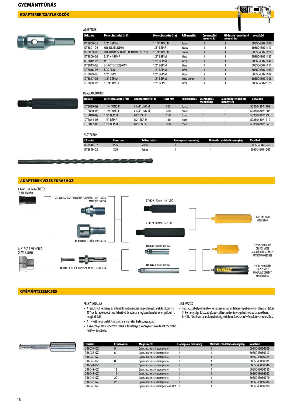 5, DD1160, DCM2, DD250 1 1/4 UNC M Száraz 1 1 5035048071120 DT3809-QZ 5/8 x 16UNF 1/2 BSP M Vizes 1 1 5035048071137 DT3812-QZ M18 1/2 BSP M Vizes 1 1 5035048071144 DT3813-QZ UCHWYT 3-SZCZĘKOWY 1/2