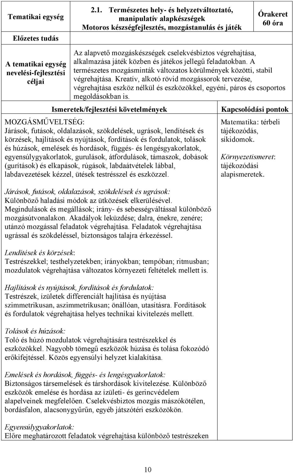 mozgáskészségek cselekvésbiztos végrehajtása, alkalmazása játék közben és játékos jellegű feladatokban. A természetes mozgásminták változatos körülmények közötti, stabil végrehajtása.