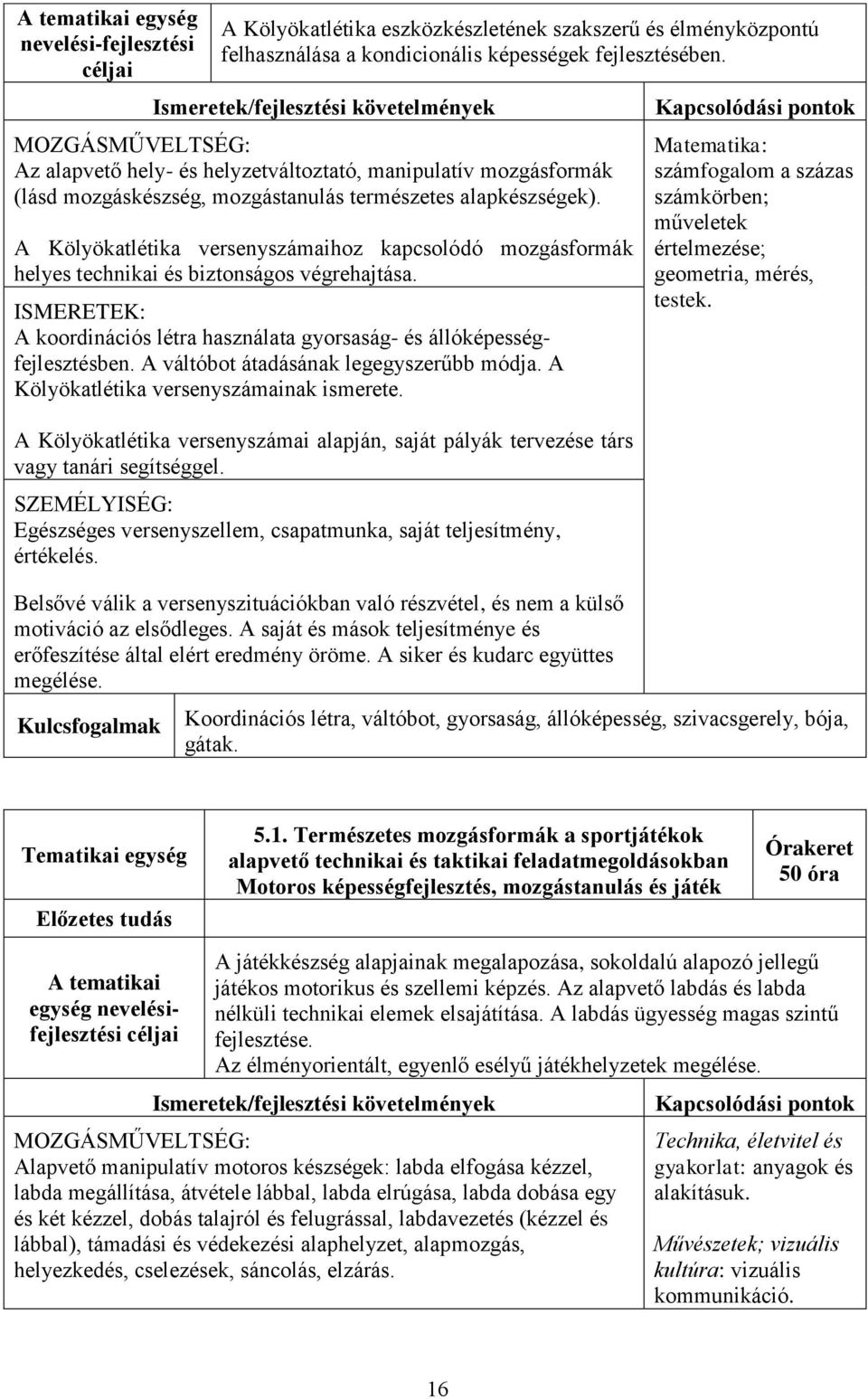 A Kölyökatlétika versenyszámaihoz kapcsolódó mozgásformák helyes technikai és biztonságos végrehajtása. ISMERETEK: A koordinációs létra használata gyorsaság- és állóképességfejlesztésben.