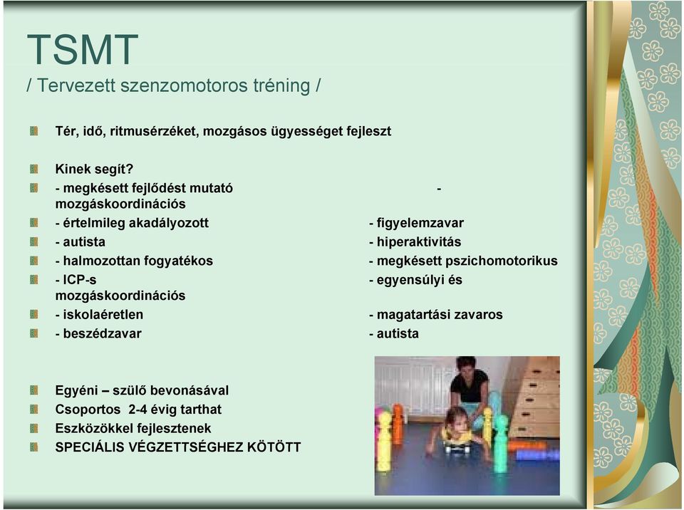 halmozottan fogyatékos - megkésett pszichomotorikus - ICP-s - egyensúlyi és mozgáskoordinációs - iskolaéretlen - magatartási