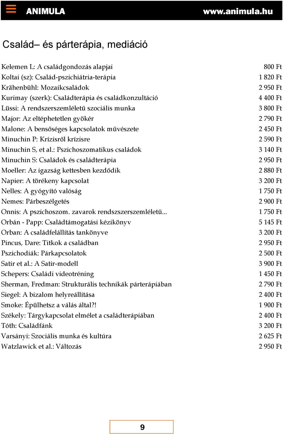 : Pszichoszomatikus családok Minuchin S: Családok és családterápia Moeller: Az igazság kettesben kezdődik Napier: A törékeny kapcsolat Nelles: A gyógyító valóság Nemes: Párbeszélgetés Onnis: A