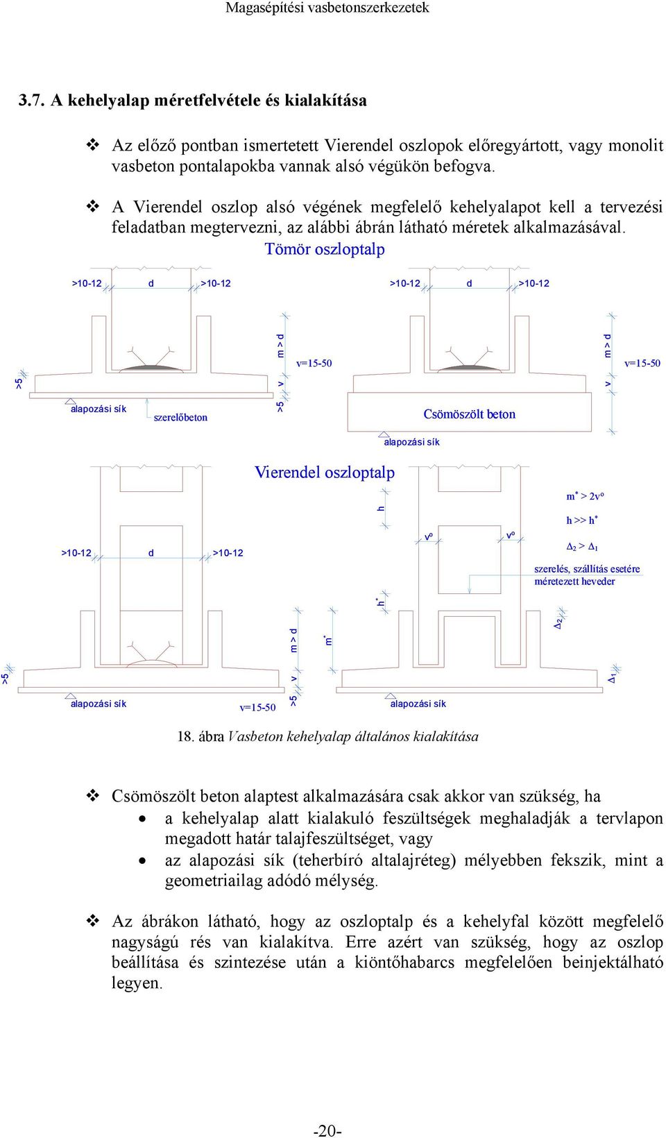 Tömör oszloptalp >10-12 d >10-12 >10-12 d >10-12 >5 alapozási sík szerelőbeton >5 v m > d v=15-50 Csömöszölt beton v m > d v=15-50 alapozási sík Vierendel oszloptalp m * > 2v o >10-12 d >10-12 h v o