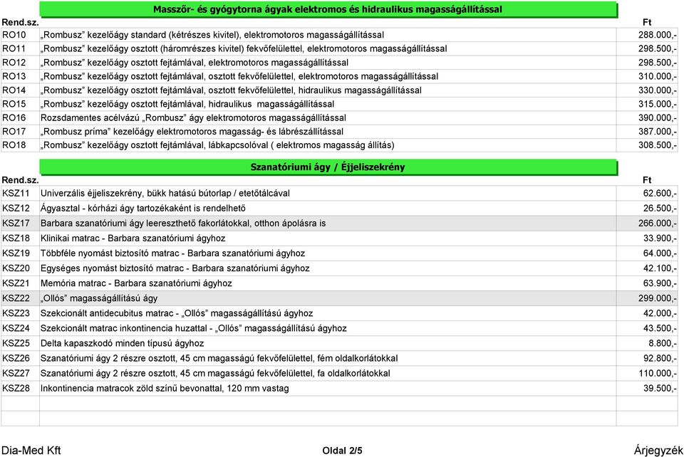 500,- RO12 Rombusz kezelőágy osztott fejtámlával, elektromotoros magasságállítással 298.