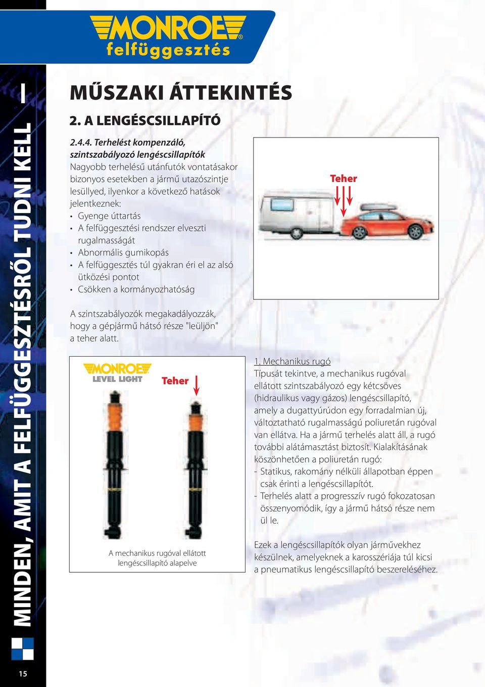 rugalmasságát ütközési pontot A szintszabályozók megakadályozzák, hogy a gépjármű hátsó része "leüljön" a teher alatt. Teher A mechanikus rugóval ellátott lengéscsillapító alapelve Teher 1.