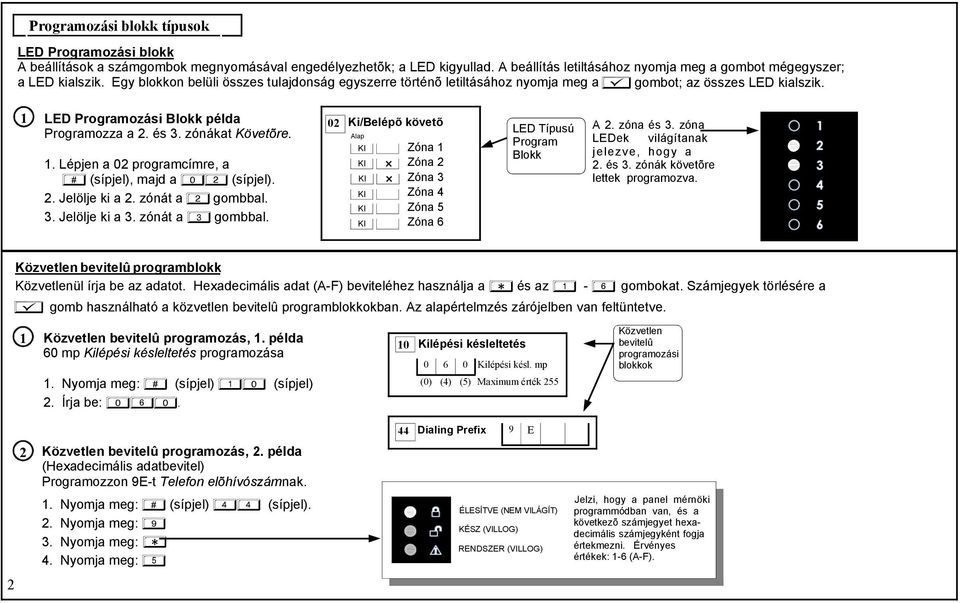 LED Programozási Blokk példa Programozza a 2. és 3. zónákat Követõre. 1 02 Ki/Belépõ követõ 1. Lépjen a 02 programcímre, a B (sípjel), majd a 02 (sípjel). 2. Jelölje ki a 2. zónát a 2 gombbal. 3. Jelölje ki a 3.