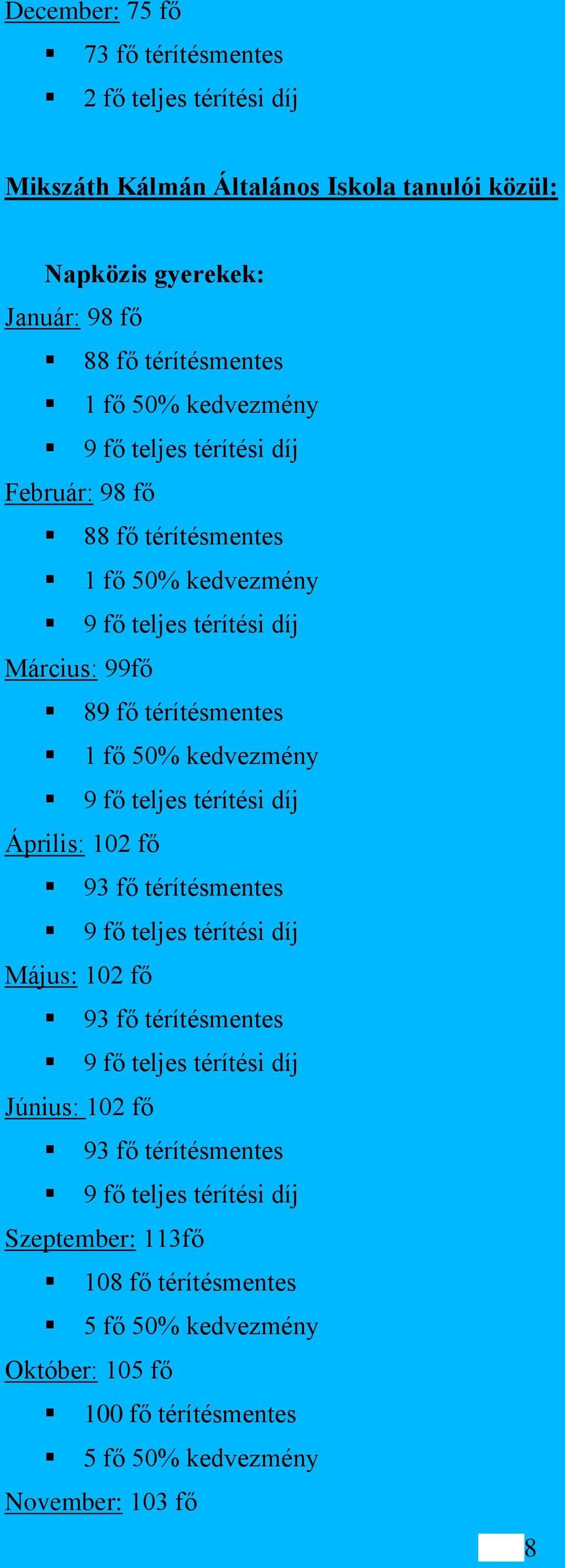 kedvezmény 9 fő teljes térítési díj Április: 102 fő 93 fő térítésmentes 9 fő teljes térítési díj Május: 102 fő 93 fő térítésmentes 9 fő teljes térítési díj Június: 102